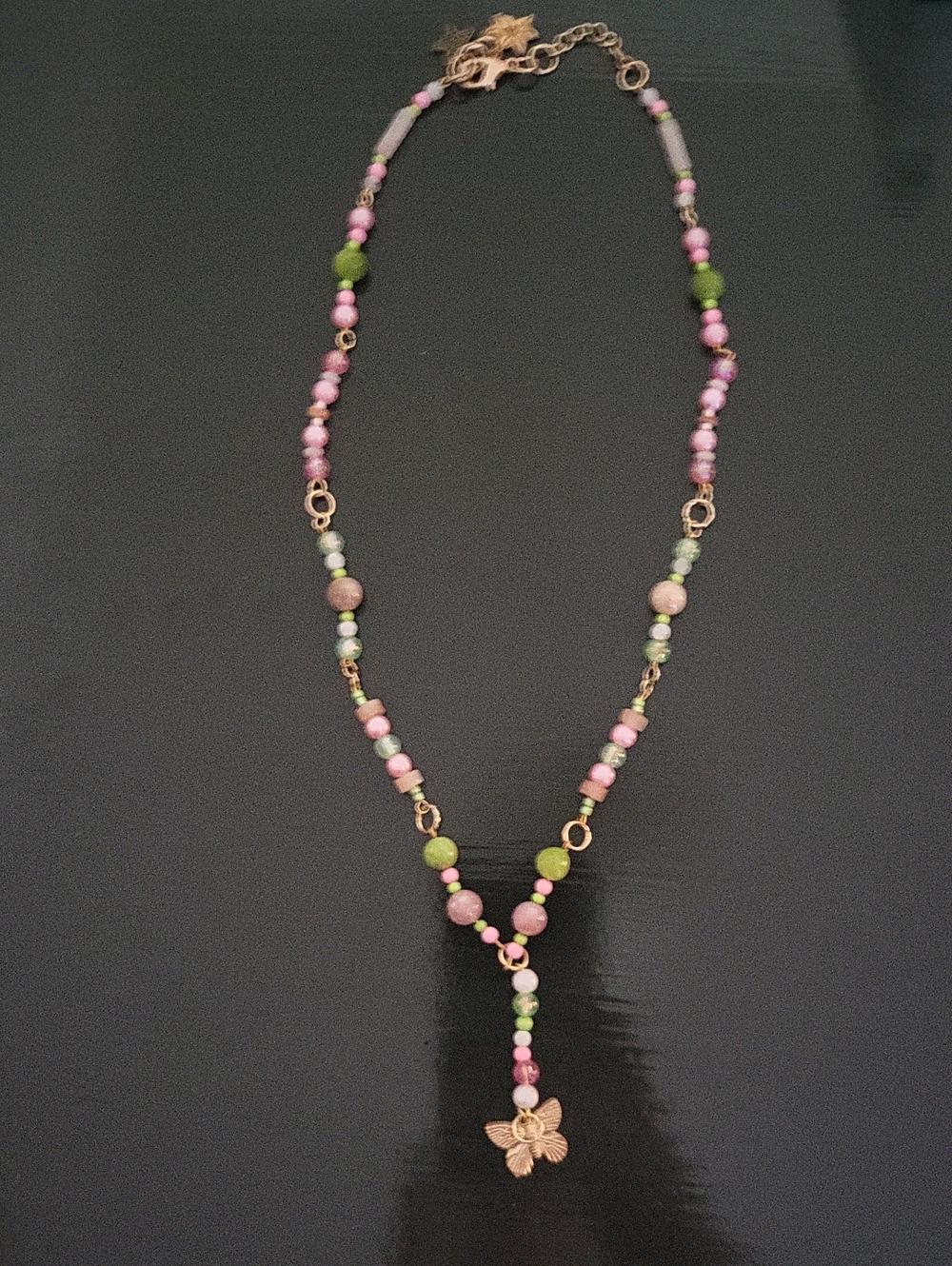 Delicate Pink & Green Beaded Y-Necklace with Flower Charm